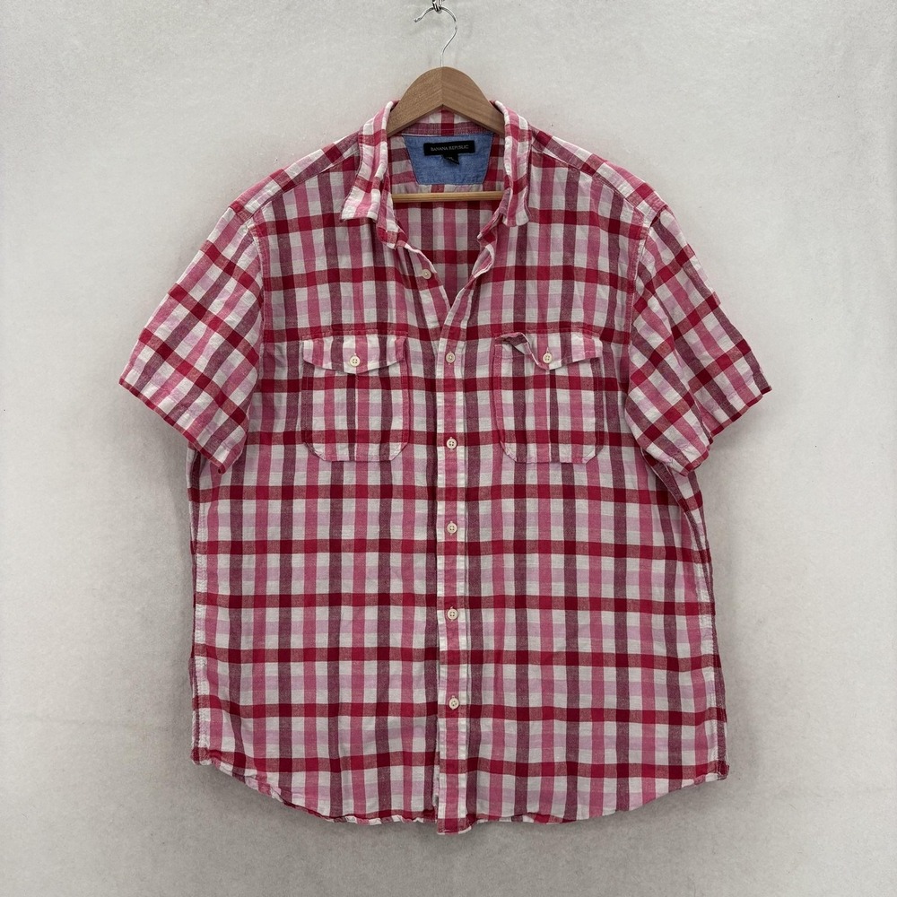 Banana Republic Shirt Mens XL Red Check Linen Cotton Short Sleeve Button Up